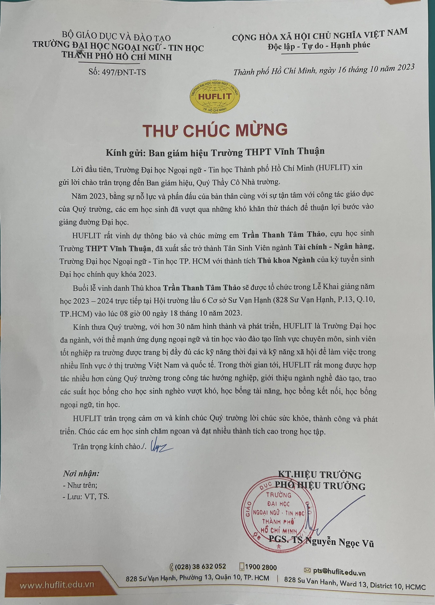 Thư cảm ơn của Trường đại học Khoa Học Tự Nhiên TPHCM gửi đến Ban Giám Hiệu Trường THPT Vĩnh Thuận